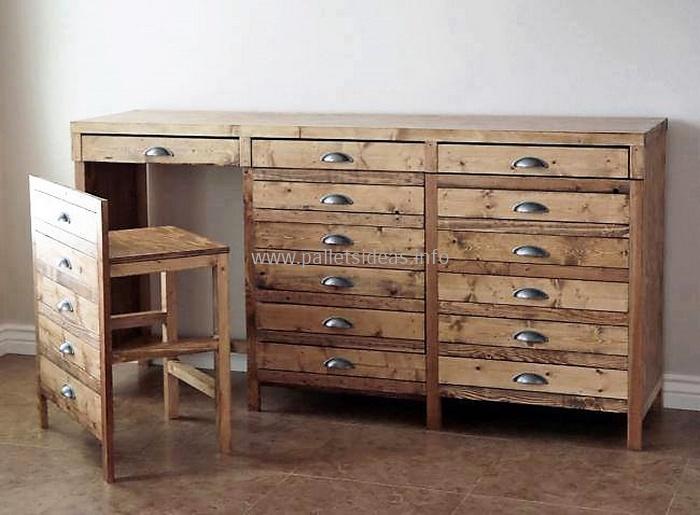 pallet-entryway-table-with-drawers-and-attached-chair