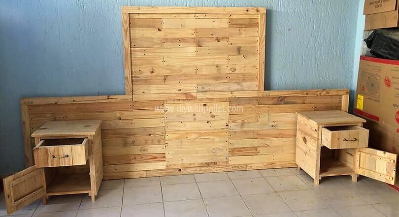 pallet bed headboard and side tables