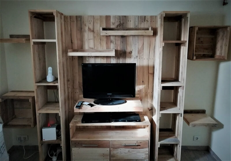 pallet media cabinet with attached shelves 1