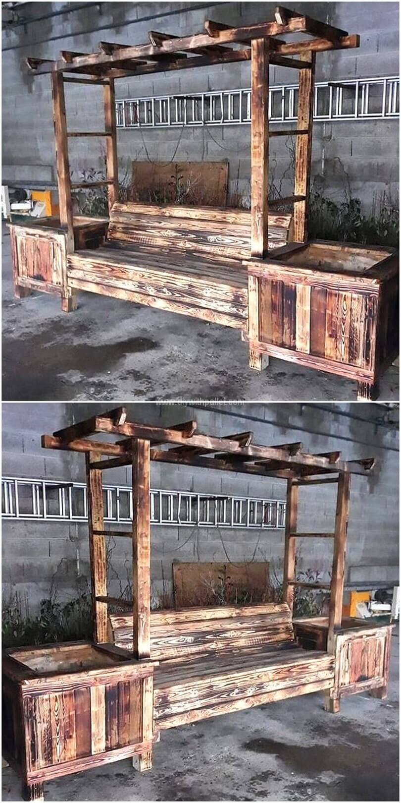 pallet pergola bench with planters