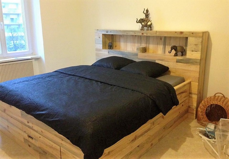recycled pallet wood bed with headboard