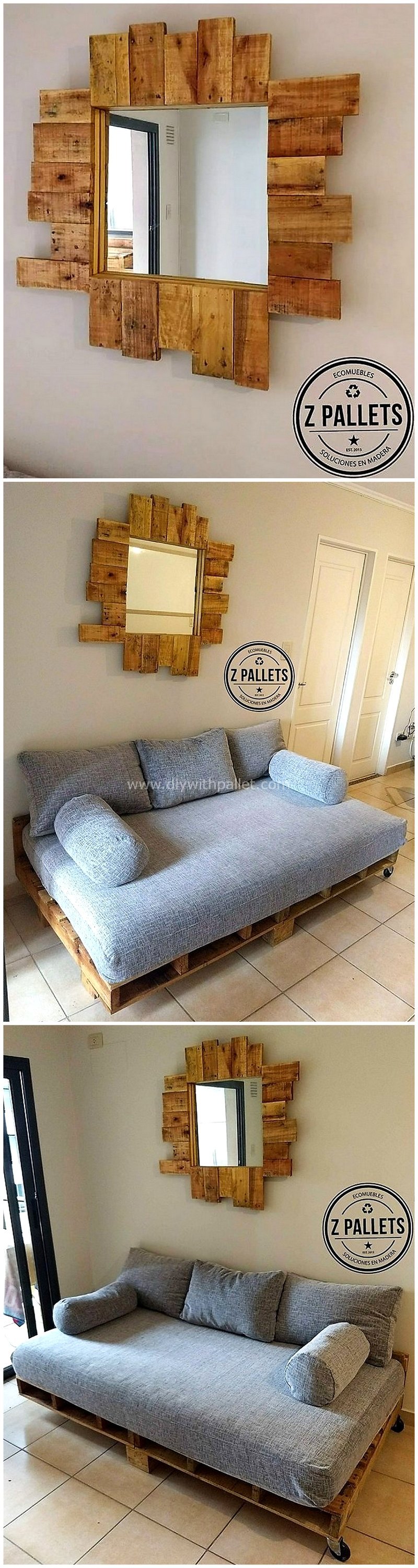wood pallet couch and wall mirror art