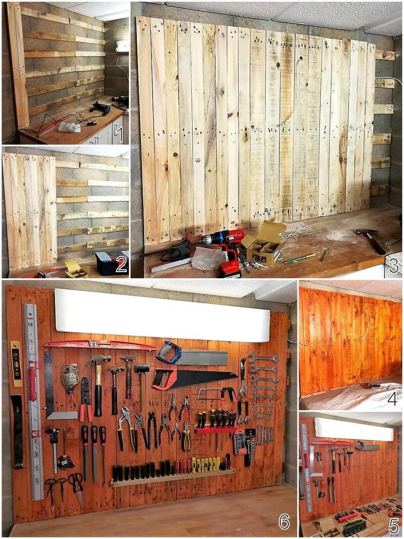 diy wood pallet tool storage wall
