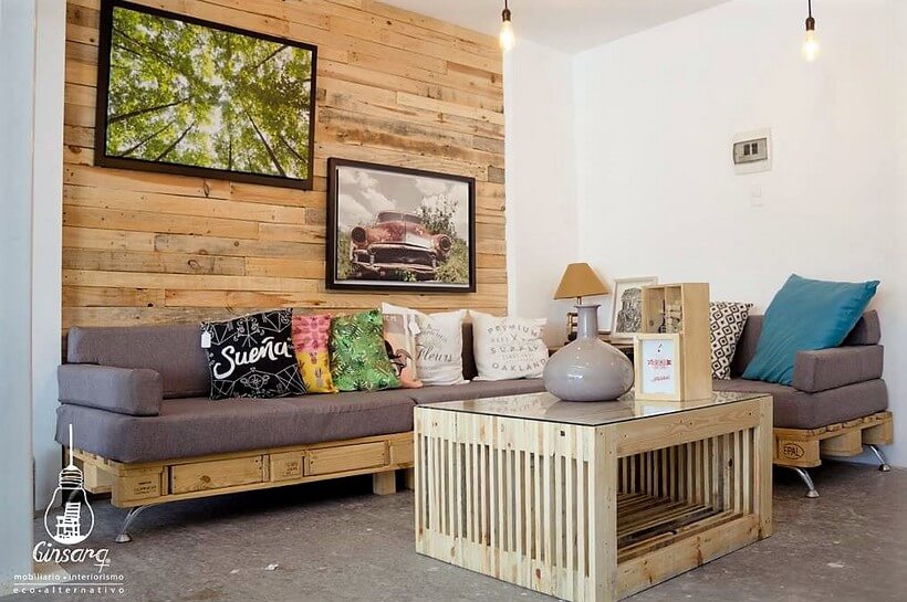 pallet sofa, table and wall art