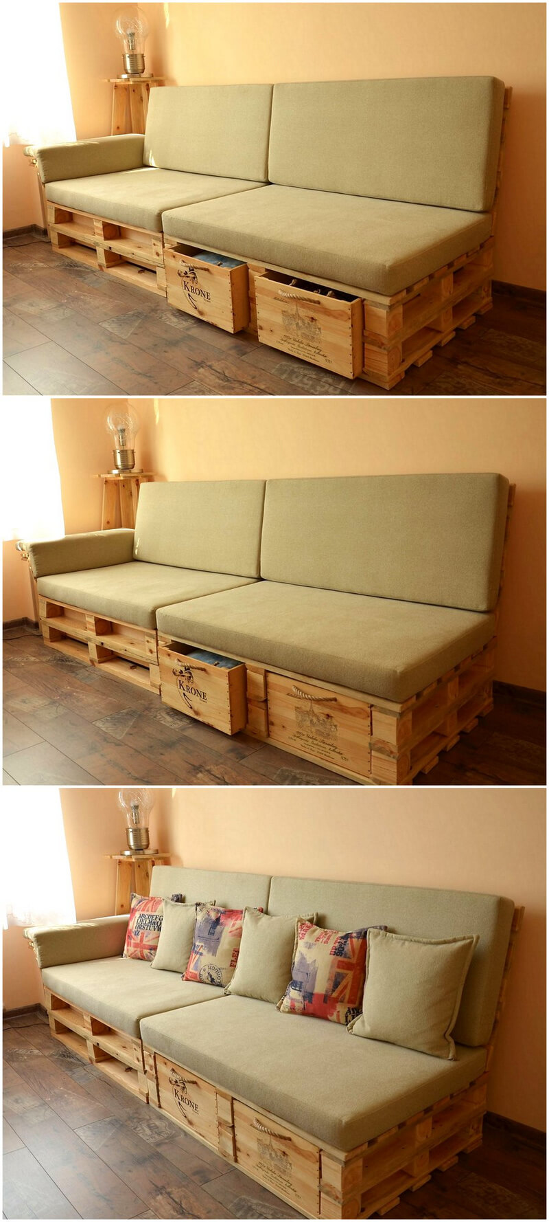 pallet wooden sofa with drawers