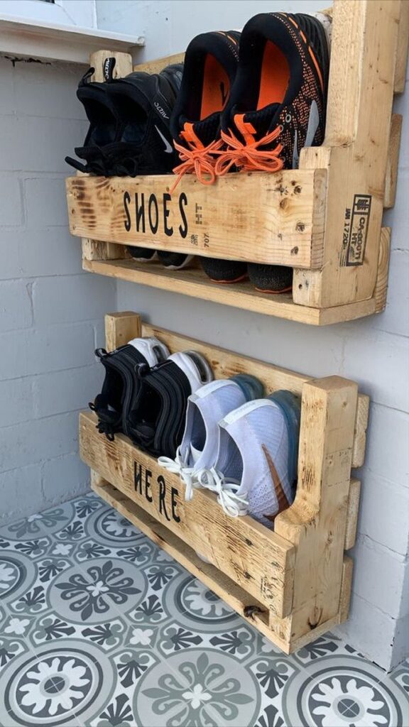Wood Pallet Shoe Rack DIY Ideas Wood Pallet Creations Wall Mounted Pallet Shoe Rack 576x1024